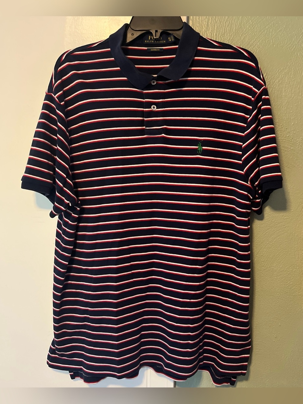 Polo Ralph Lauren Men's TL/TG Polo Navy Stripew/GREEN Pony Logo 100% Cotton EC